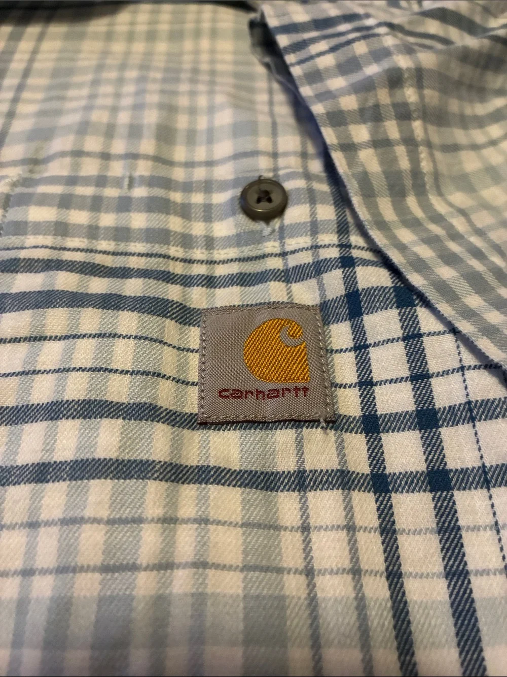 Carhartt Men’s Light Blue and Navy Plaid Short Sleeve Button-Down Shirt